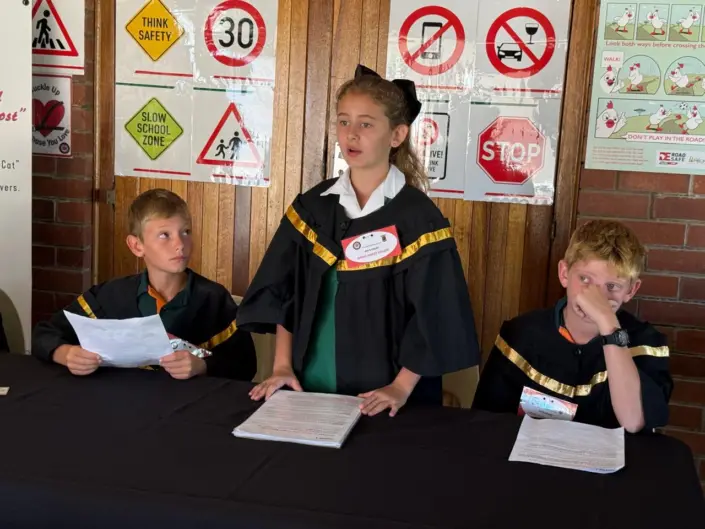 Kids Court SA – Lucas Meyer Primêre Skool – Feb 2026 (1) South African school children participating in the Kids Court SA road safety educational program in a simulated road environment.